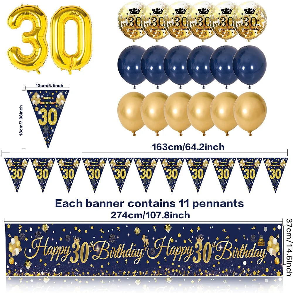 30th/40th/50th/60th/70th Birthday Decorations Men Women Birthday Balloon Garland Kit Happy Birthday Banner Blue Gold Balloon Good Vibrations