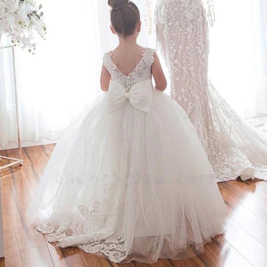 White Bridesmaid Dress For Girls Lace Big Bow Flower Girl Dresses Ball Gown Kids Wedding Party Pageant First Communion Gown Good Vibrations