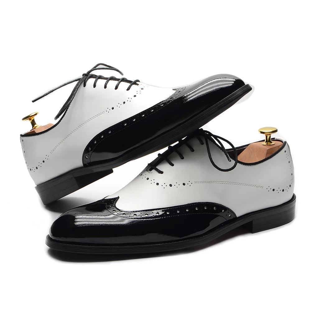 Formal Oxfords Shoes for Men White Black Real Cow Patent Leather Business Lace-up Wingtip Toe Brogue Wedding Mens Dress Shoes Good Vibrations