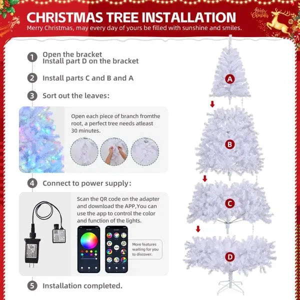 8 FT Pre-lit APP Controlled White Christmas Tree Artificial Xmas Tree 500 RGB Lights 1500 Branch Tips for Home Holiday Party Good Vibrations