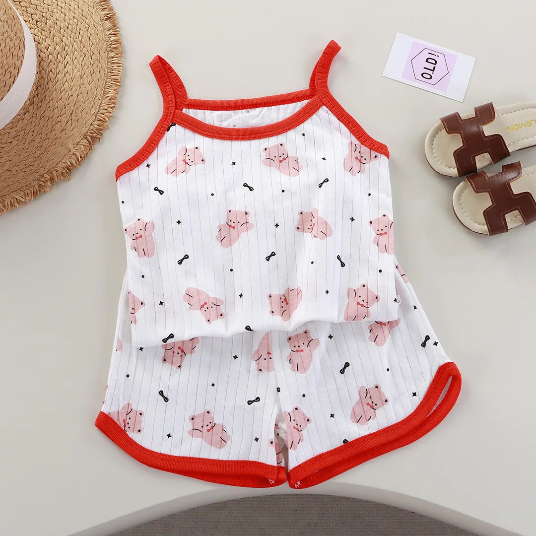 Girls Summer Clothes Sets New Baby Sleeveless Tops Shorts 2 Pieces Suit Girls Square Collar Clothing Set Kids Cotton Clothes Good Vibrations