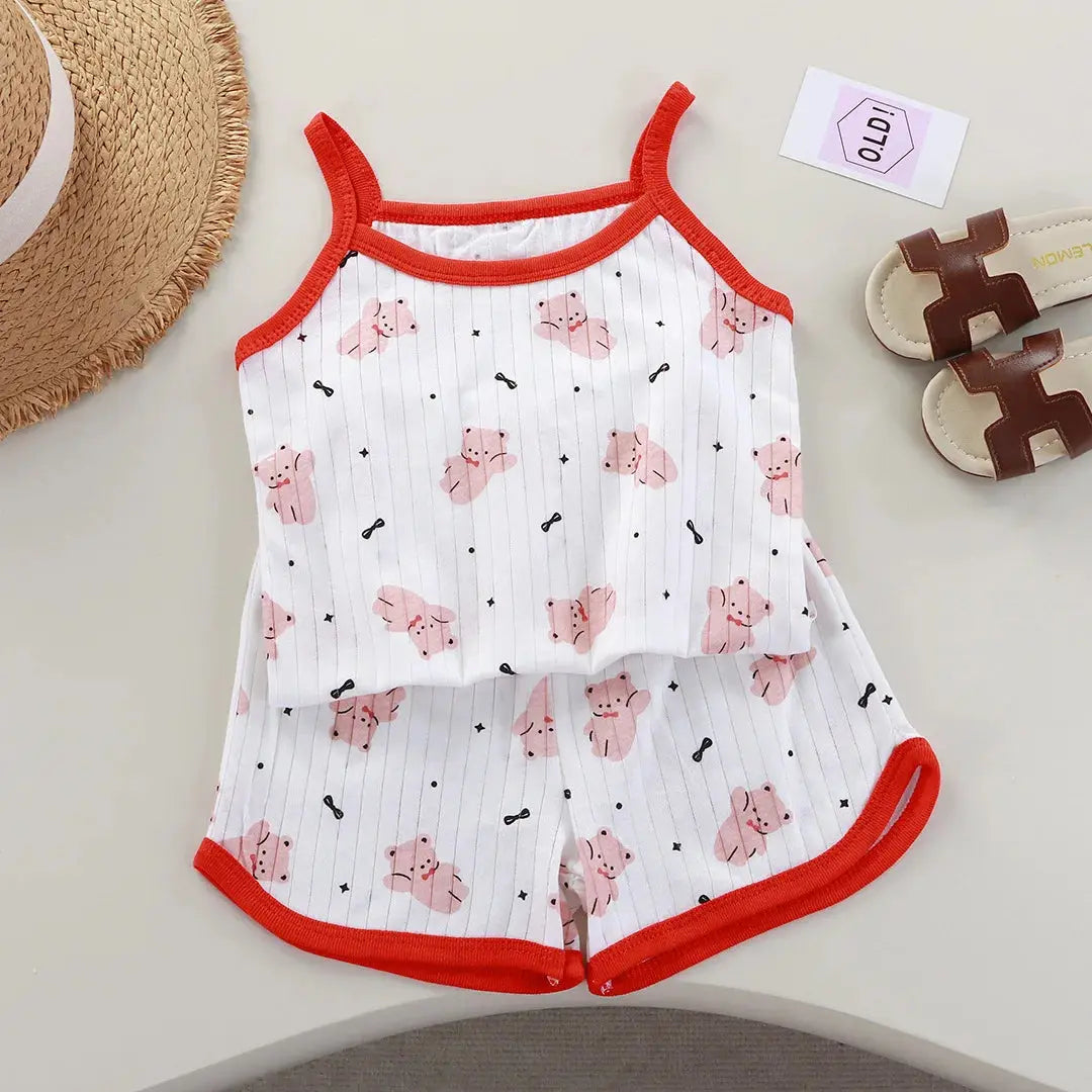 Girls Summer Clothes Sets New Baby Sleeveless Tops Shorts 2 Pieces Suit Girls Square Collar Clothing Set Kids Cotton Clothes Good Vibrations