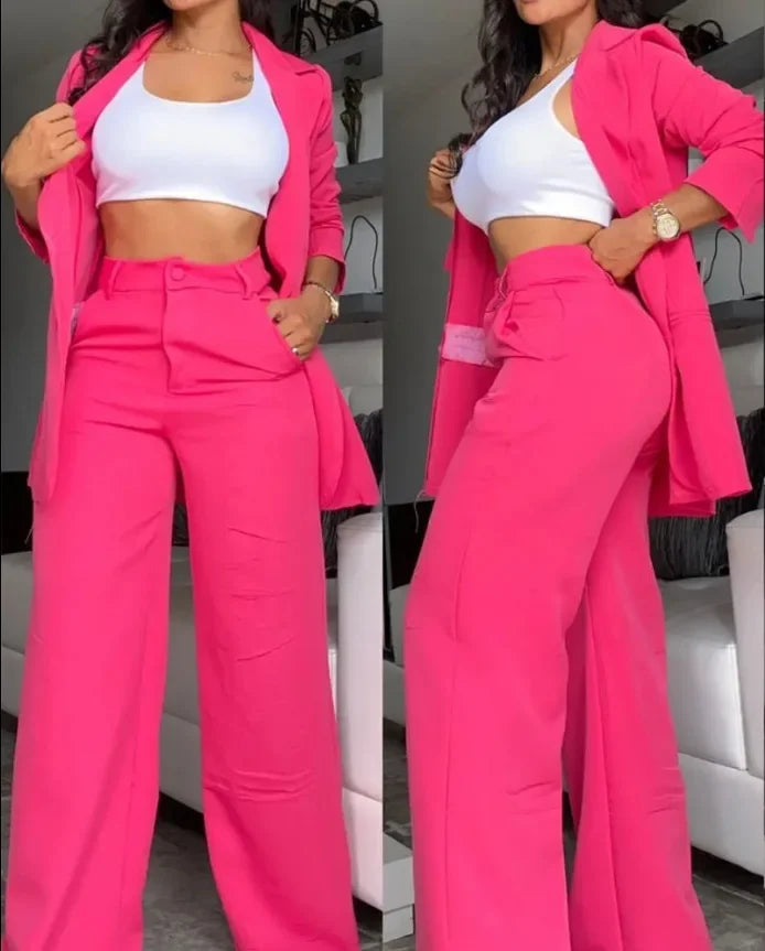 Women Pant Sets Two Piece Set Pants Turn Down Collar Single Breasted Tracksuit Outerwear Ankle Length Straight Pockets Loose Good Vibrations