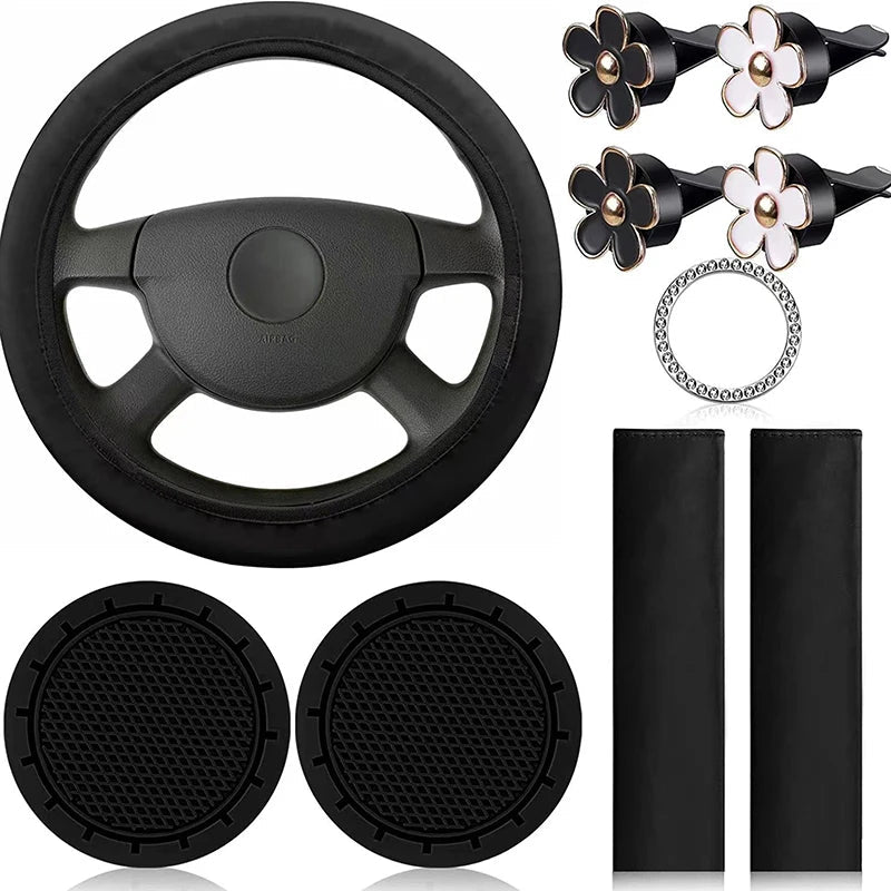 10 Pcs Leather Steering Wheel Cover For Women Cute Car Accessories Set With Seat Belt Shoulder Pads Cup Holders Car Decorations Good Vibrations Adult Super Store