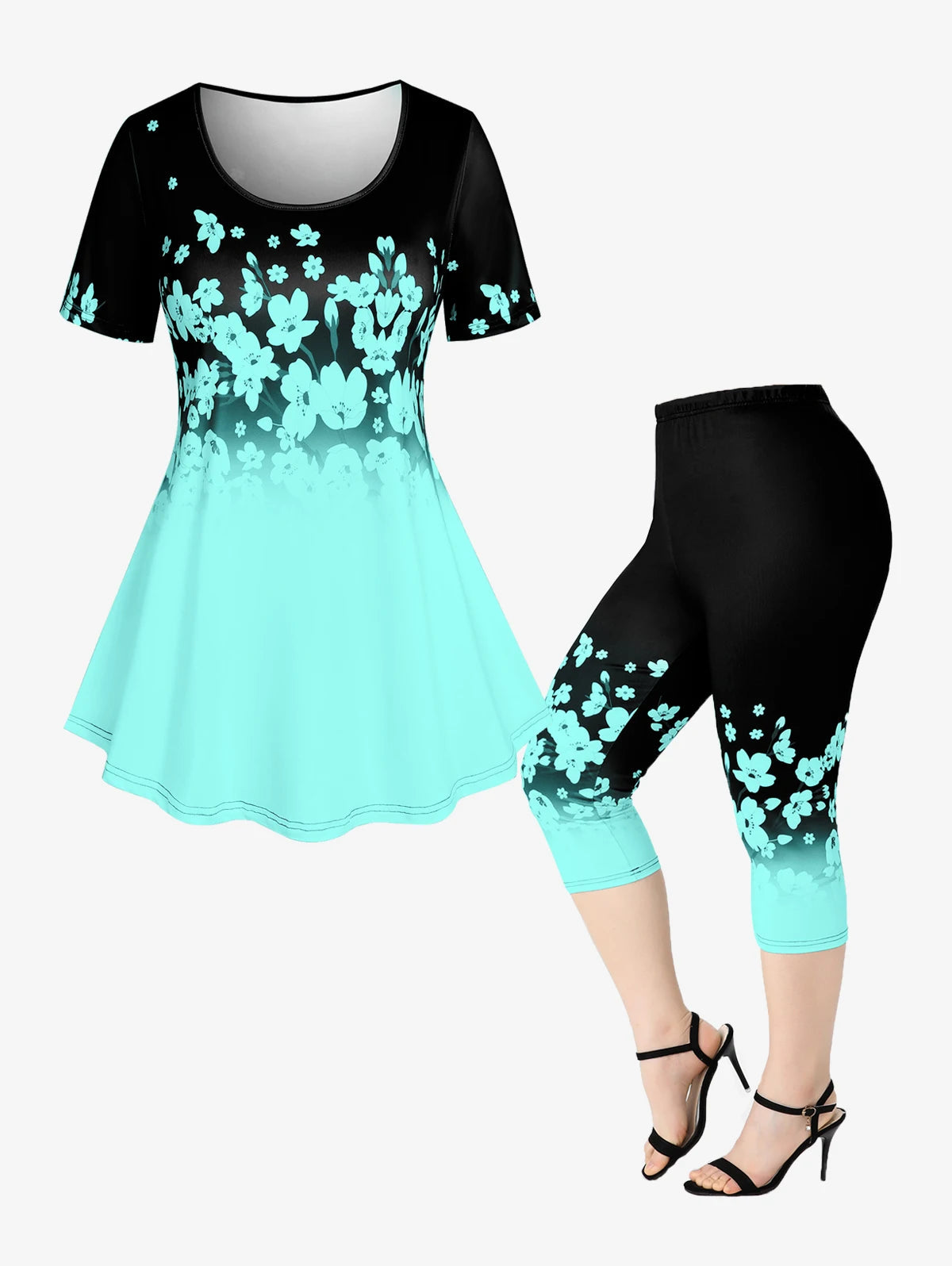 ROSEGAL Plus Size 3D Printed Outfit Female Colorblock Suit Floral Graphic Tee And Capri Leggings Size Is Too Large Matching Set Good Vibrations