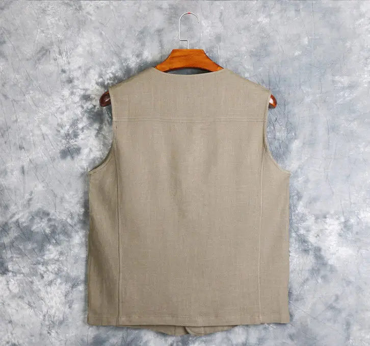 Men's Vest Dress Linen Cotton Waistcoat Jacket Male Formal Gilet For Mens Jeans Summer Casual Business Victorian Clothing Good Vibrations