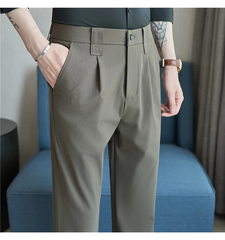 Men Straight Leg Suit Pants Summer Ice Silk Lightweight Elastic Waist Casual Loose Wide-leg Trousers Dress Pants Men Clothing