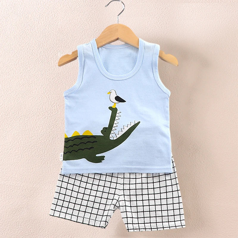 Children's Clothing Print Sleeveless Tops Shorts Cute Breathable Kids Summer Vest Shorts Set Tank Top for Baby Clothing Children Good Vibrations