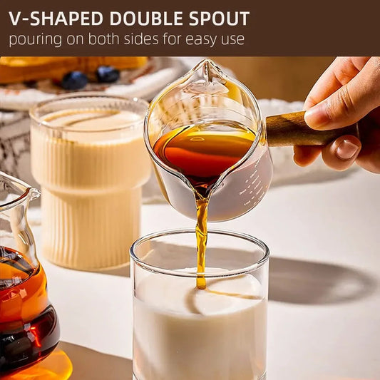 1pc Glass Measuring Cup Wood Handle Glass Espresso Measuring Cup Double Single Mouth Milk Coffee Clear Mug Coffee Supplies Good Vibrations