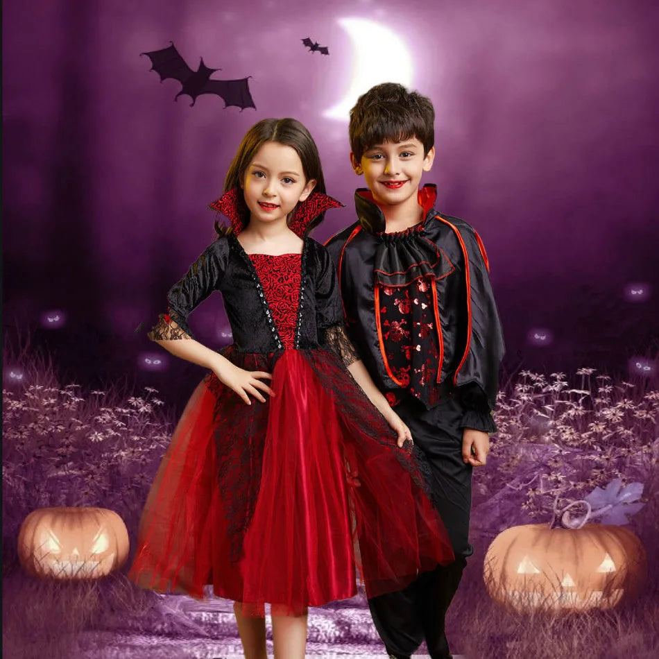 Vampire Costume for Girls Halloween Princess Party Dress Kids Cosplay Dresses Children Stand Collar Tulle Lace Black Red Clothes - Good Vibrations