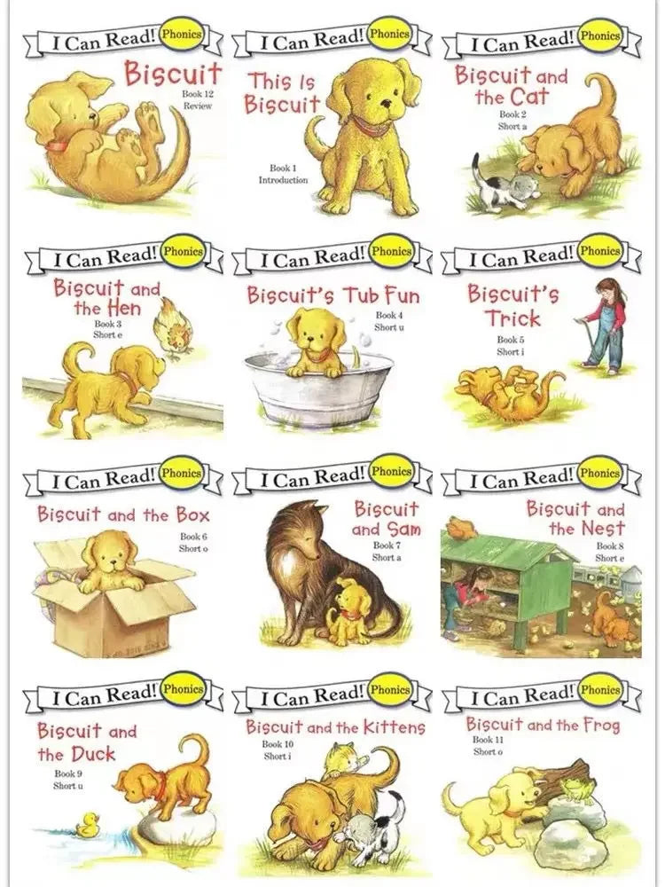 12 Books/set Biscuit Dog Series Picture Book Baby Kids English Cartoon Books Children Learn Words Educational Reading Book Good Vibrations