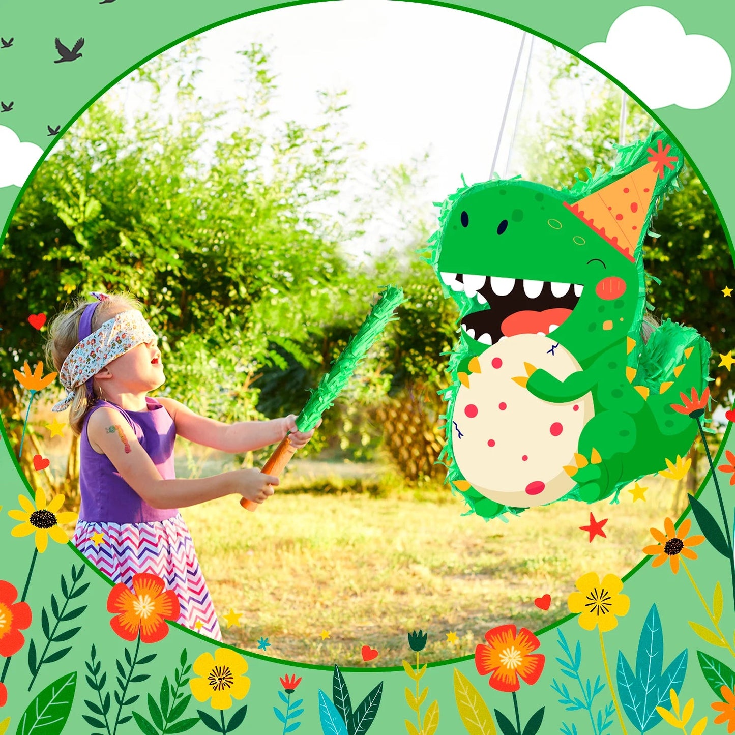 4 Pcs Dinosaur Party Pinata Set-Dinosaur Pinata Sticks Eye Masks etc Dinosaur Pinata Supplies for Dinosaur Party Decorations Good Vibrations