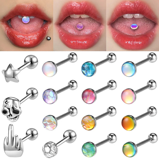 ZS 1Piece 14G Oil Luminescence Tongue Piercing Rings Stainless Steel Tongue Stud Skull Star Studs Earrings BCR Piercings Jewelry Good Vibrations Adult Super Store