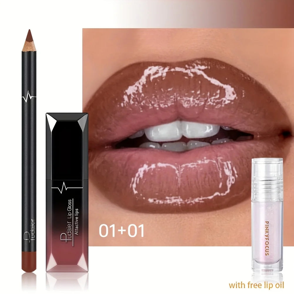 Lip Liner and Gloss Set with Free Lip Oil - Create Gorgeous Glossy Lips with Layer of Nude Lip Oil, lip color,lip Good Vibrations