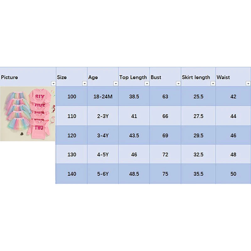 Citgeett Autumn Kids Toddler Girl Birthday Outfit Letter Embroidery Long Sleeve Sweatshirt Rainbow Tulle Skirt Set Fall Clothes Good Vibrations