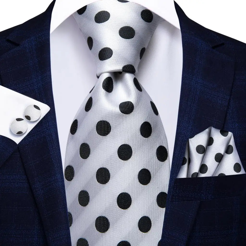 Men's Ties White Sliver Hanky Cufflinks Set Silk Neck ties For Men Wedding Party Business Mens Tie 2022 New Fashion Brand Hi-Tie Good Vibrations