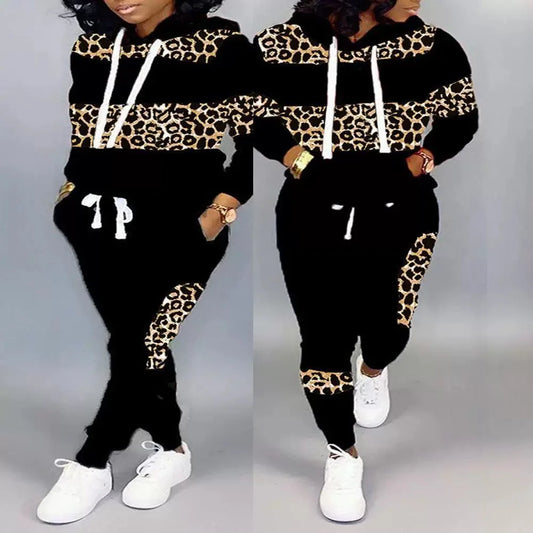 Two Piece Sets Women Pant Set Leopard Print Hoodies Sweatshirts Full Sleeve Tops Long Pants Lace Up Elastic Waist Autumn Good Vibrations