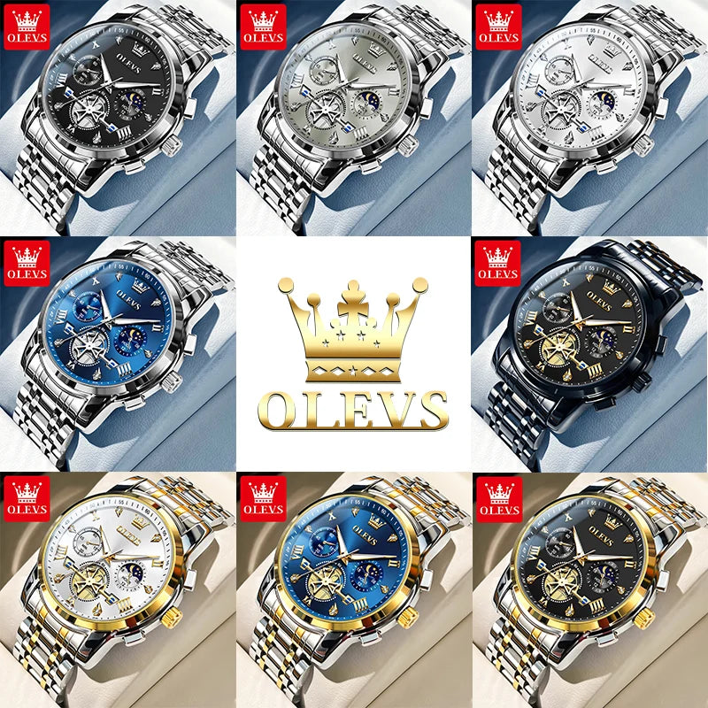 OLEVS Men's Watches Classic Multifunctional Fltwheel Chronograph Original Quartz Wristwatch Moon Phase 24 Hour Waterproof reloj Good Vibrations