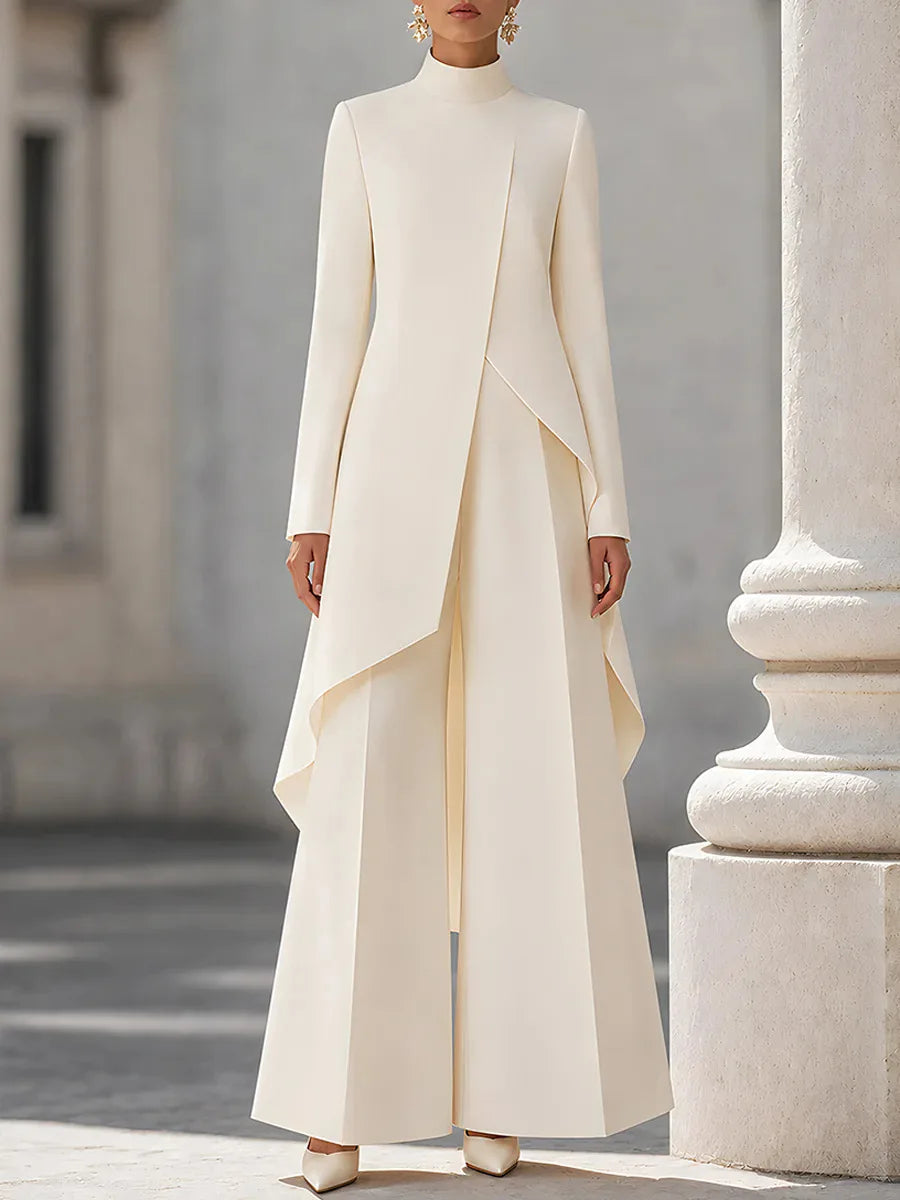Woman's Autumn Stand Collar Top With Wide Leg Pants Two-piece Set Fashion Solid Irregular Long Top Suit Lady Chic Office Outfit Good Vibrations