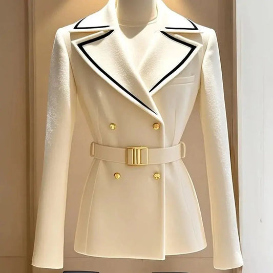 Blazer Coat Women's New 2025Autumn Casual Top Double-breasted Elegant Office Jacket Waist Fashion Ladies Suit Chic Outerwear Good Vibrations