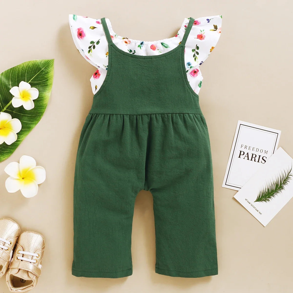 1-5Years Toddler Girl Clothes Set Floral Print Lotus Leaf Sleeve Top+ Suspender Pant Summer Fashion 2PCS Outfits for Kids Girl Good Vibrations