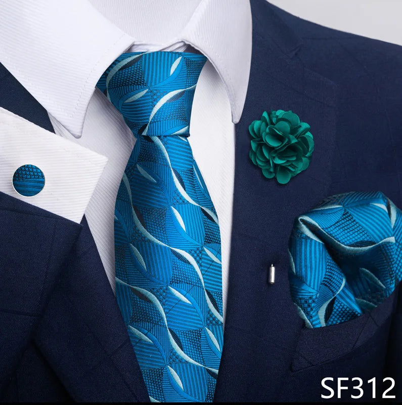 Luxury Mens Ties Floral Black Gold Ties Paisley NeckTie Pocket Square Cufflinks Brooch Set Men's Wedding Party Tie Good Vibrations
