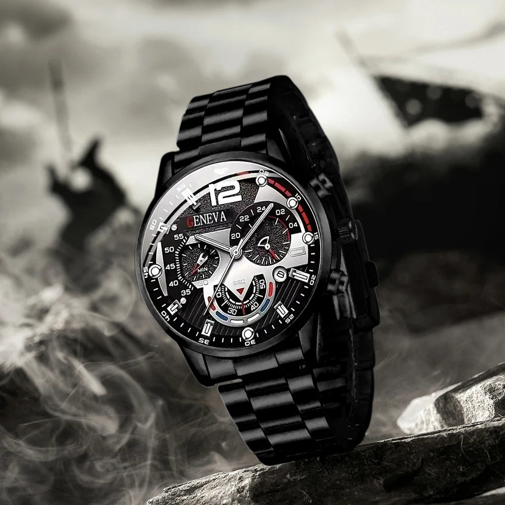 Fashion Mens Watches Luxury Black Stainless Steel Quartz Wrist Watch Man Business Watch for Men Calendar Clock Reloj Hombre Good Vibrations