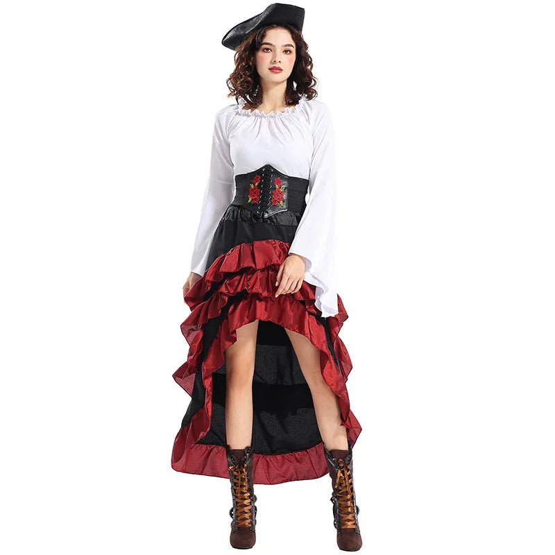 Halloween Womens Cosplay Medieval Pirate Costume Top Corset Skirt Hat Retro Voyager Dress Carnival Play Suit Party Fancy Dress Good Vibrations