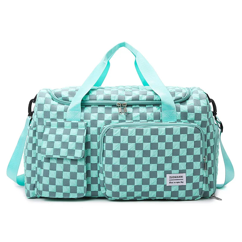 Fashion Large Capacity Checkerboard Pattern Duffle Handbag, Lightweight Travel Luggage Storage Bag, Portable Sports Fitness Bag Good Vibrations