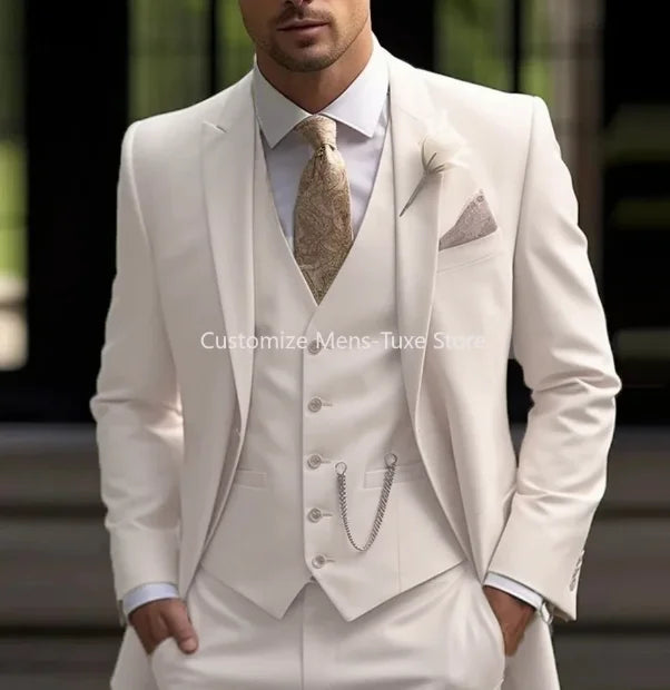 New Beige Suit Men Business Tuxedos Formal 3 Piece Set Jacket Vest Pants Single Breasted Groom Groomsman Prom Wedding Party Good Vibrations