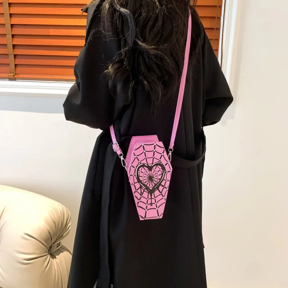 Women Fashion Shoulder Bag Large Capacity Coffin Shaped Casual Satchel Bag Adjustable Strap Spider Web PU Leather Chic Hobo Bag Good Vibrations