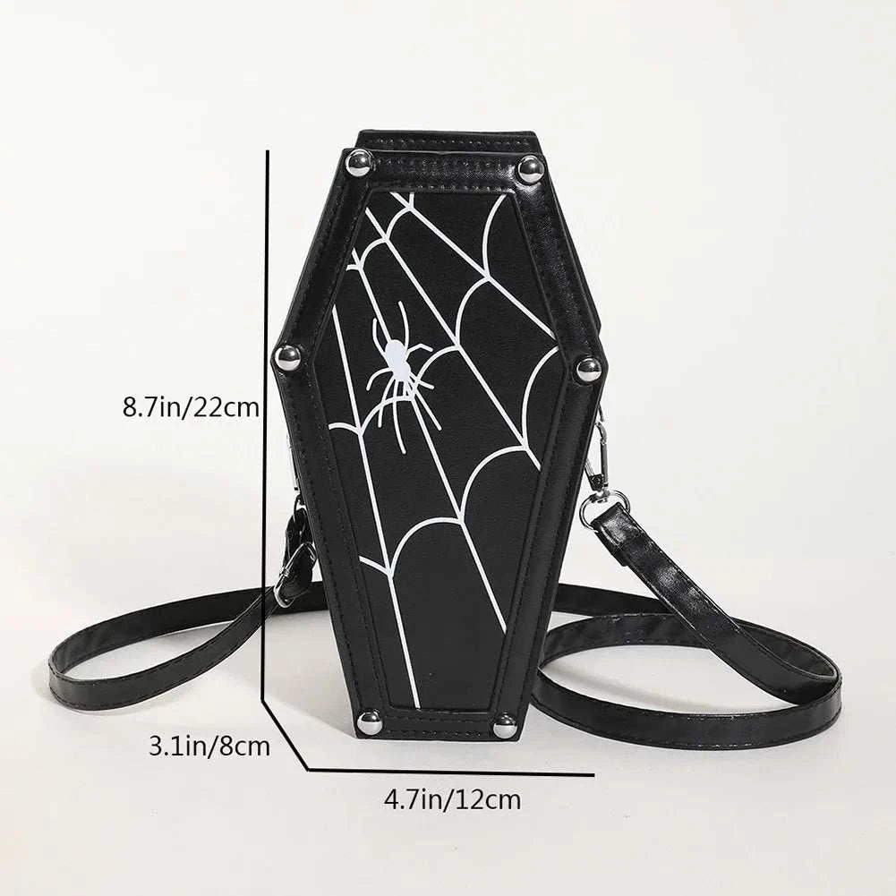 Women Fashion Shoulder Bag Large Capacity Coffin Shaped Casual Satchel Bag Adjustable Strap Spider Web PU Leather Chic Hobo Bag Good Vibrations
