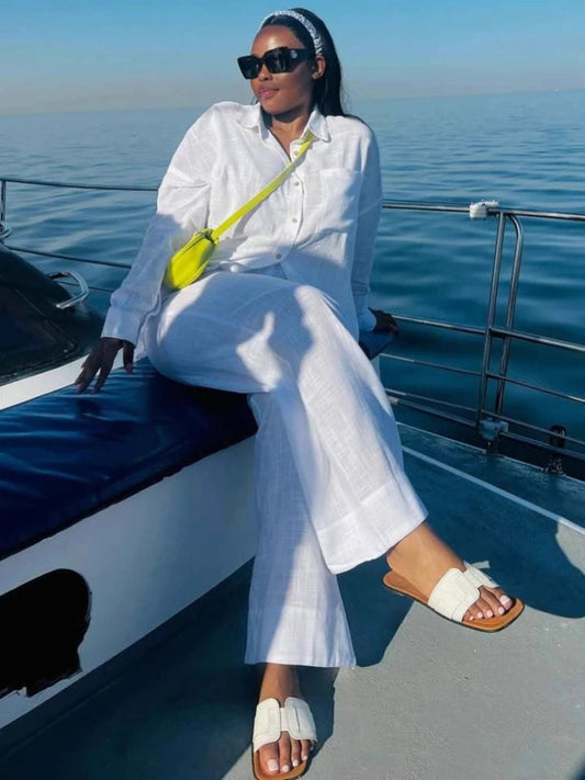 Two Piece Sets Pant Set Women Turn Down Collar White Work Shirt Casual Loose Wide Leg Long Pants High Waist Y2k Streetwear 2025 Good Vibrations