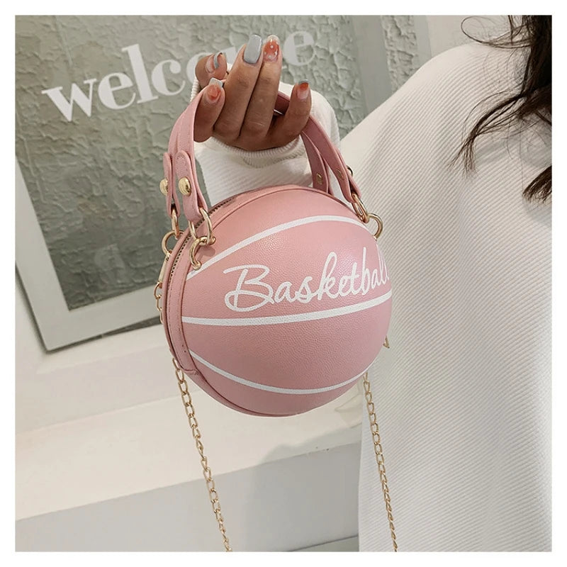 Women's Shoulder Bag PU Leather Chain Funny Round Basketball Letters Printed Youth Handbag Purse Fashion Crossbody Messenger Bag Good Vibrations