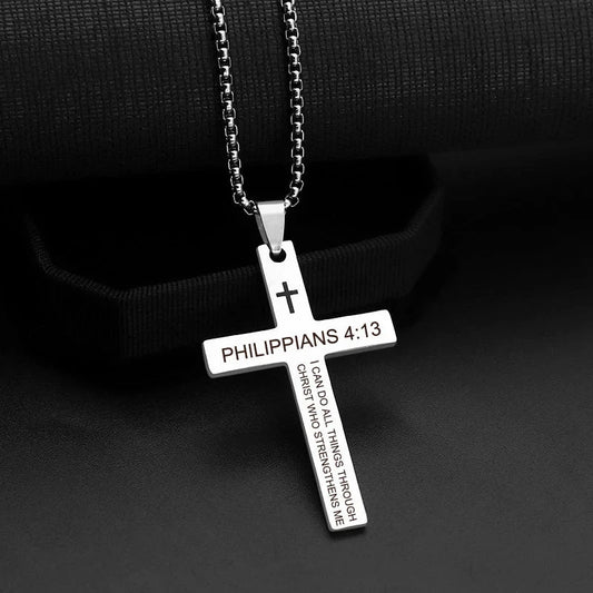 Christian Bible Verse Cross Pendant Necklace Stainless Steel Religious Scripture Prayer Jewelry Gifts Good Vibrations