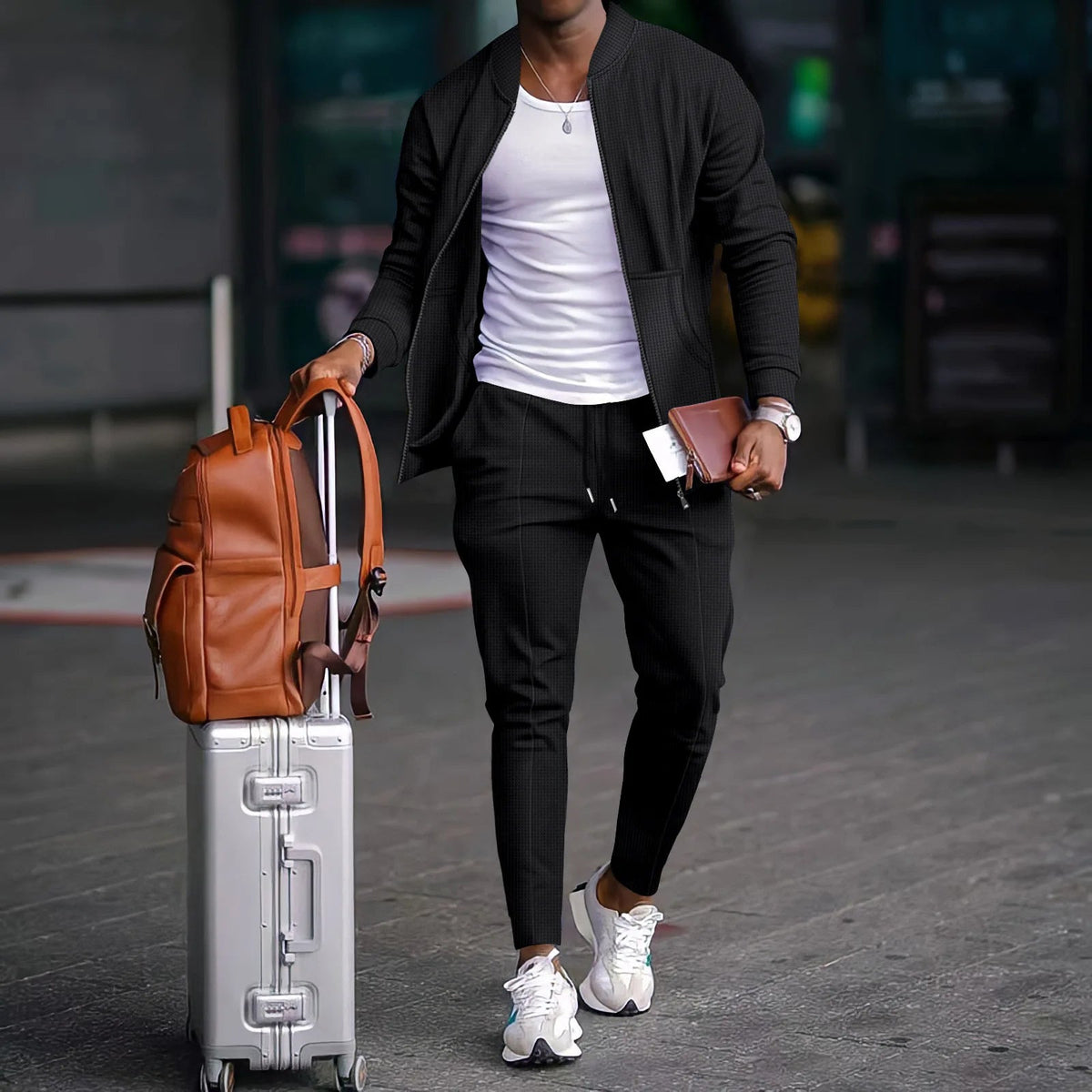 Autumn Winter Men's Casual Blazer Set New Fashion Waffle Baseball Suit Round Neck Pocket Zipper Long Sleeve Trousers Two-Piece S Good Vibrations
