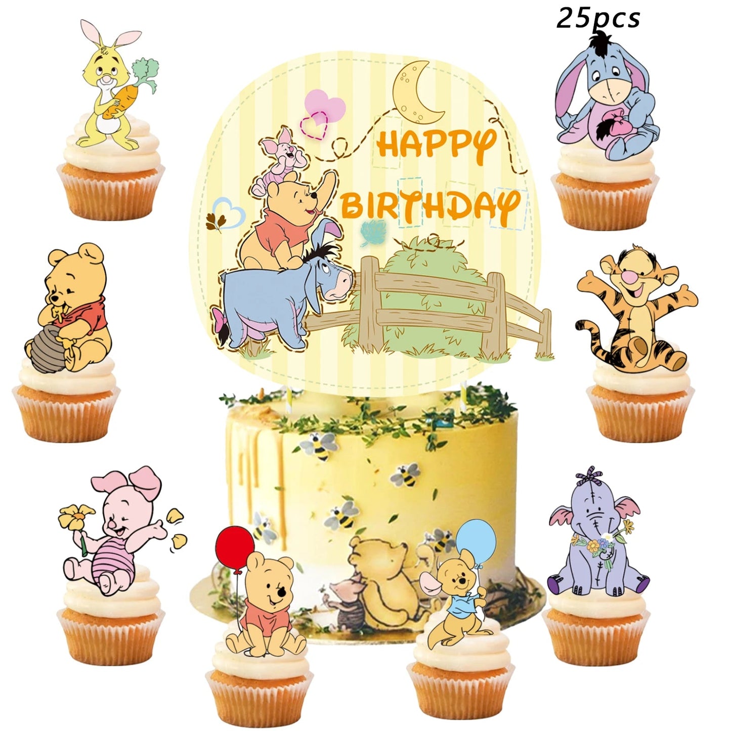 Winnie the Pooh themed party decoration, Winnie the Pooh banner,Winnie the Pooh cake topper、cupcake topper,12 inch latex balloon Good Vibrations