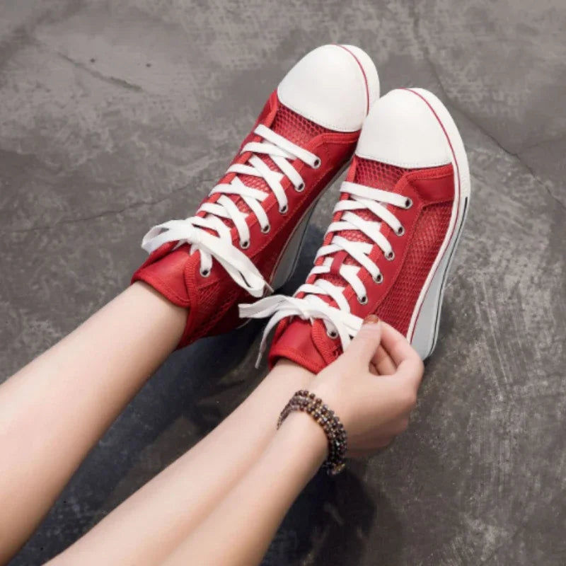 2025 Wedge Heel 8cm Height Increasing Net Shoes Thick Bottom Sandals Women's Casual Lace-up Shoes High-top Hollow Women's Shoes Good Vibrations