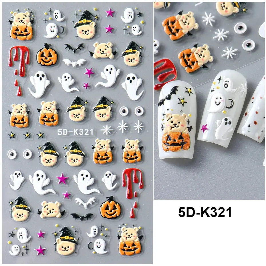 5D Halloween Nail Stickers White Bones Design Spooky Ghost Pumpkin Sliders for Nails Glitter Heart Spider Web Manicure Decals Good Vibrations