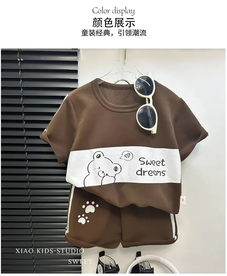 2024 New Kids Short Sleeve Suit Striped Girls Boys Set Summer Tops +short Baby Clothes Children's Wear Good Vibrations