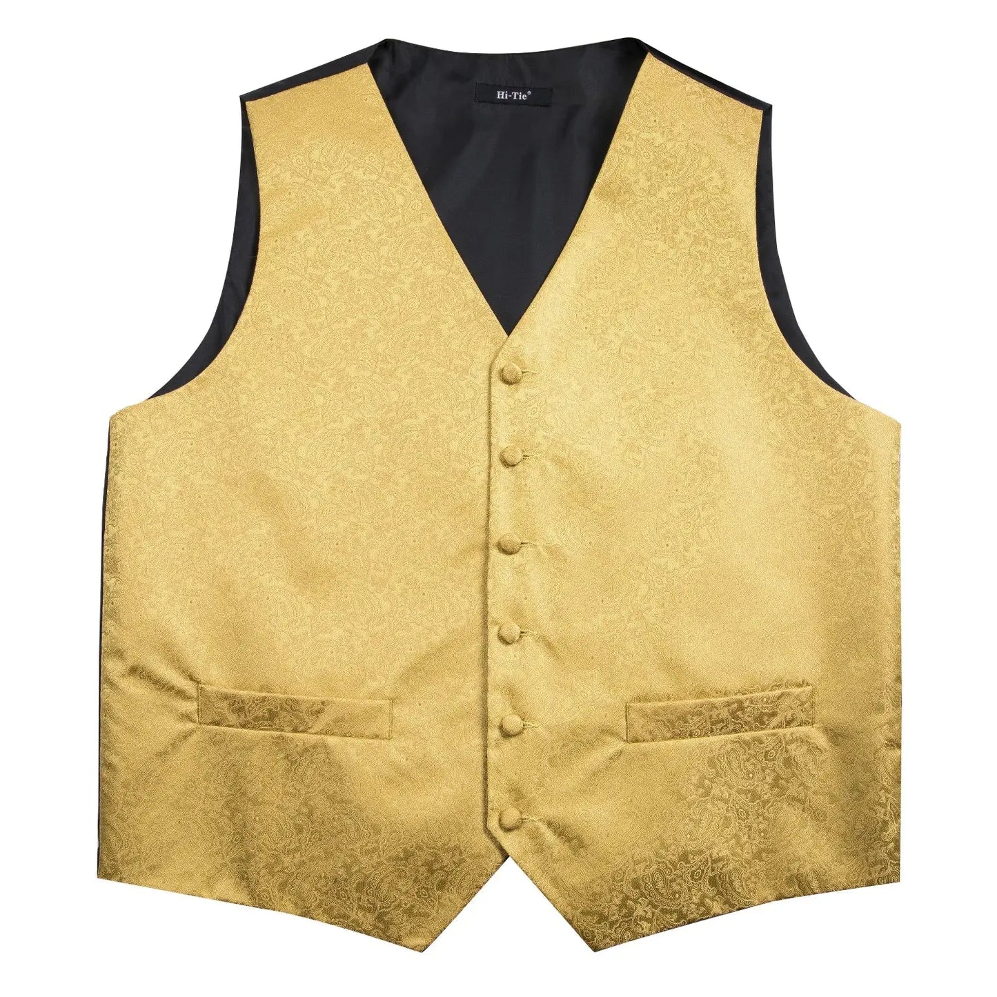 Hi-Tie Black Men Silk Vest Paisley Jacquard Necktie Hankerchief Cufflinks Sets Male Sleeveless V-Neck Waistcoat Business Formal Good Vibrations