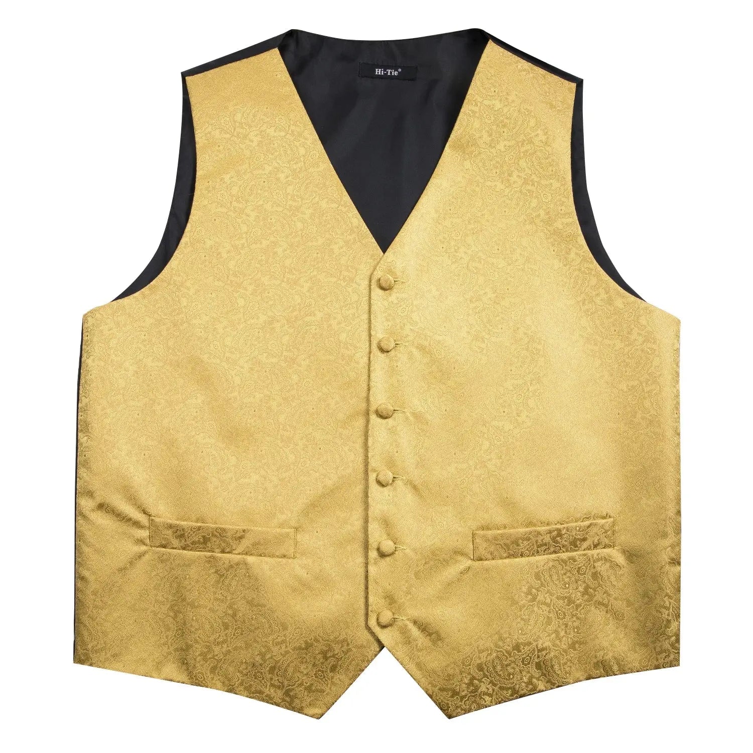 Hi-Tie Black Men Silk Vest Paisley Jacquard Necktie Hankerchief Cufflinks Sets Male Sleeveless V-Neck Waistcoat Business Formal Good Vibrations