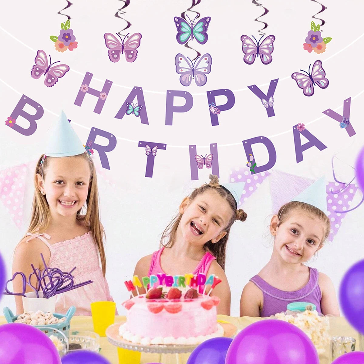 Pink Happy Birthday Banner With Butterfly Dancing Hanging Pendant Garlands  Girls Princess 1st Happy Birthday Party Decorations Good Vibrations