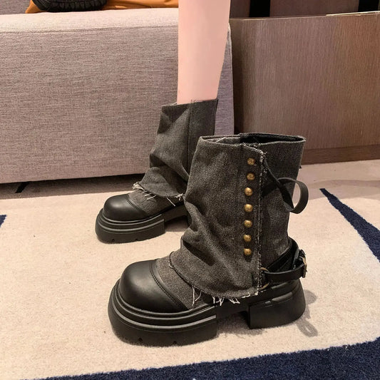 Women's Boots New Mid Calf Boots for Women Fashion Platform Boot Breathable Canvas Cowboy Boots for Women Motorcycle Botas Good Vibrations