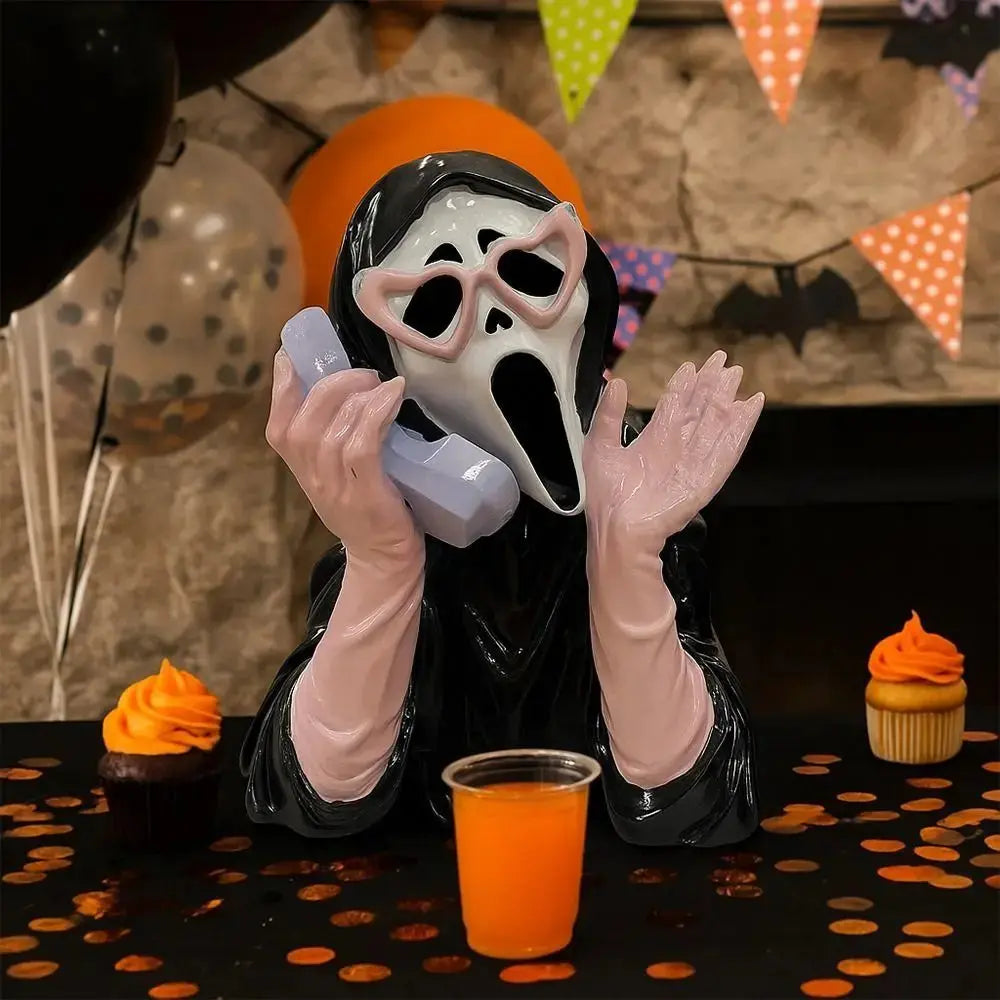 Pink Halloween Ghost Figurine Resin Spooky Screaming Face Ghost Statue Hand-Painted Luminous Glowing Ghost Ornament Good Vibrations