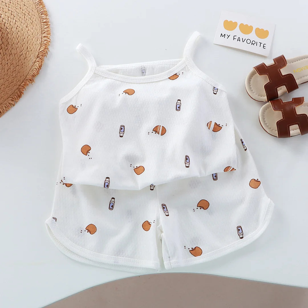 Girls Summer Clothes Sets New Baby Sleeveless Tops Shorts 2 Pieces Suit Girls Square Collar Clothing Set Kids Cotton Clothes Good Vibrations