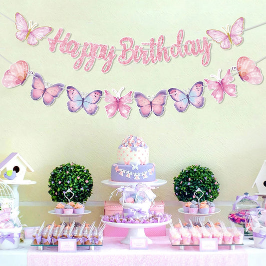 Pink Happy Birthday Banner With Butterfly Dancing Hanging Pendant Garlands  Girls Princess 1st Happy Birthday Party Decorations Good Vibrations