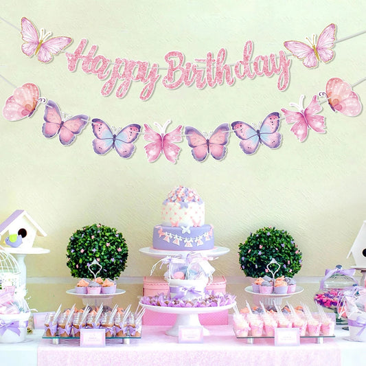 Pink Happy Birthday Banner With Butterfly Dancing Hanging Pendant Garlands Girls Princess 1st Happy Birthday Party Decorations Good Vibrations