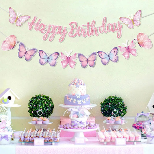 Pink Happy Birthday Banner With Butterfly Dancing Hanging Pendant Garlands Girls Princess 1st Happy Birthday Party Decorations Good Vibrations