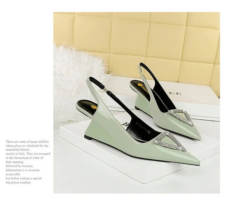 Wedges Women Shoes High Heel Shallow Pointed Toe Hollow Back Straps Patent Leather Triangle Metal Crystal Buckle Pumps Good Vibrations
